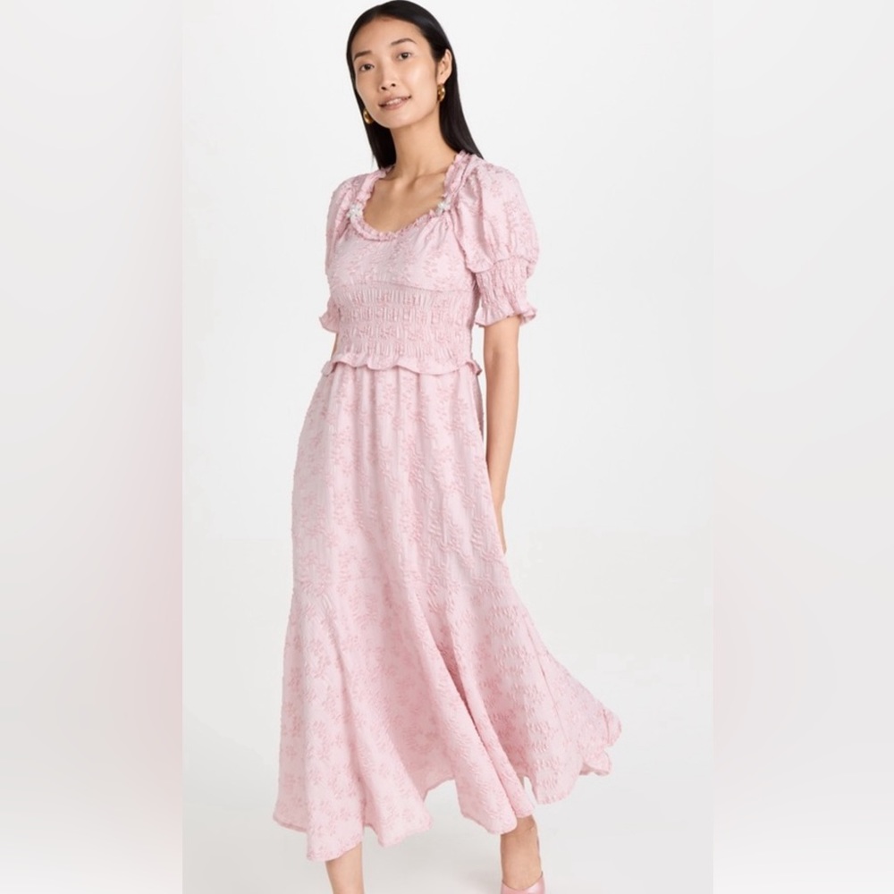 NWT Sister Jane Gia pink ruched jacquard midi dress